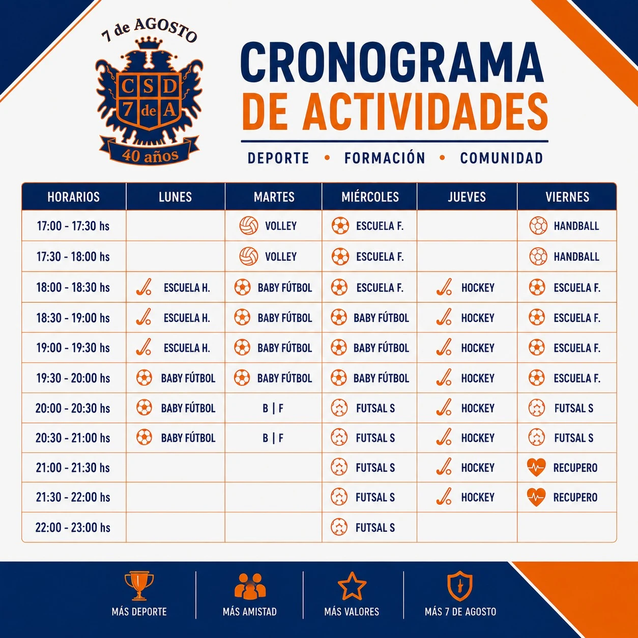 Cronograma semanal de actividades del Club Social y Deportivo 7 de Agosto